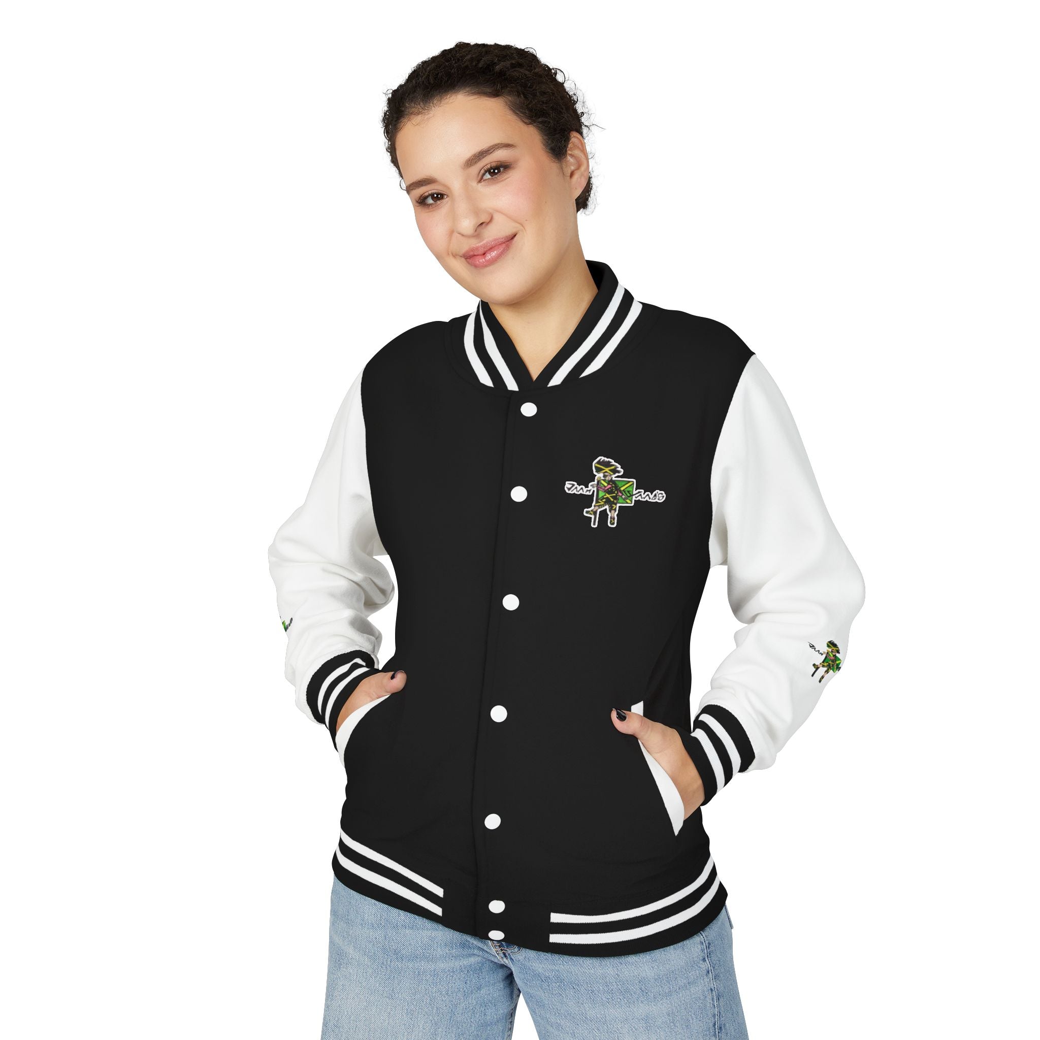 Unisex Heavyweight Letterman Jacket with Fun Character Graphics, Casual Streetwear, Gift for Athletes, Sports Events, Trendy Layering Piece