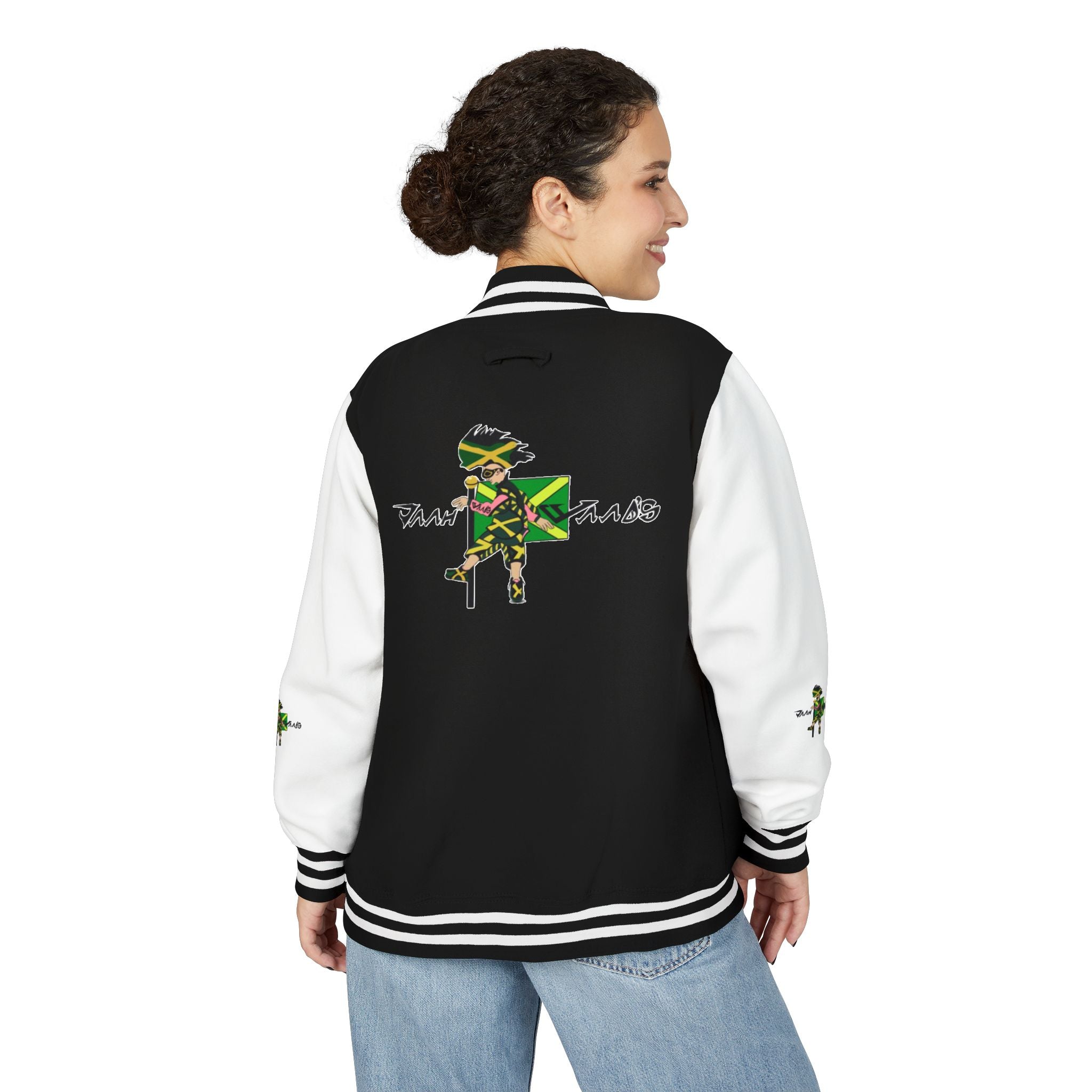 Unisex Heavyweight Letterman Jacket with Fun Character Graphics, Casual Streetwear, Gift for Athletes, Sports Events, Trendy Layering Piece